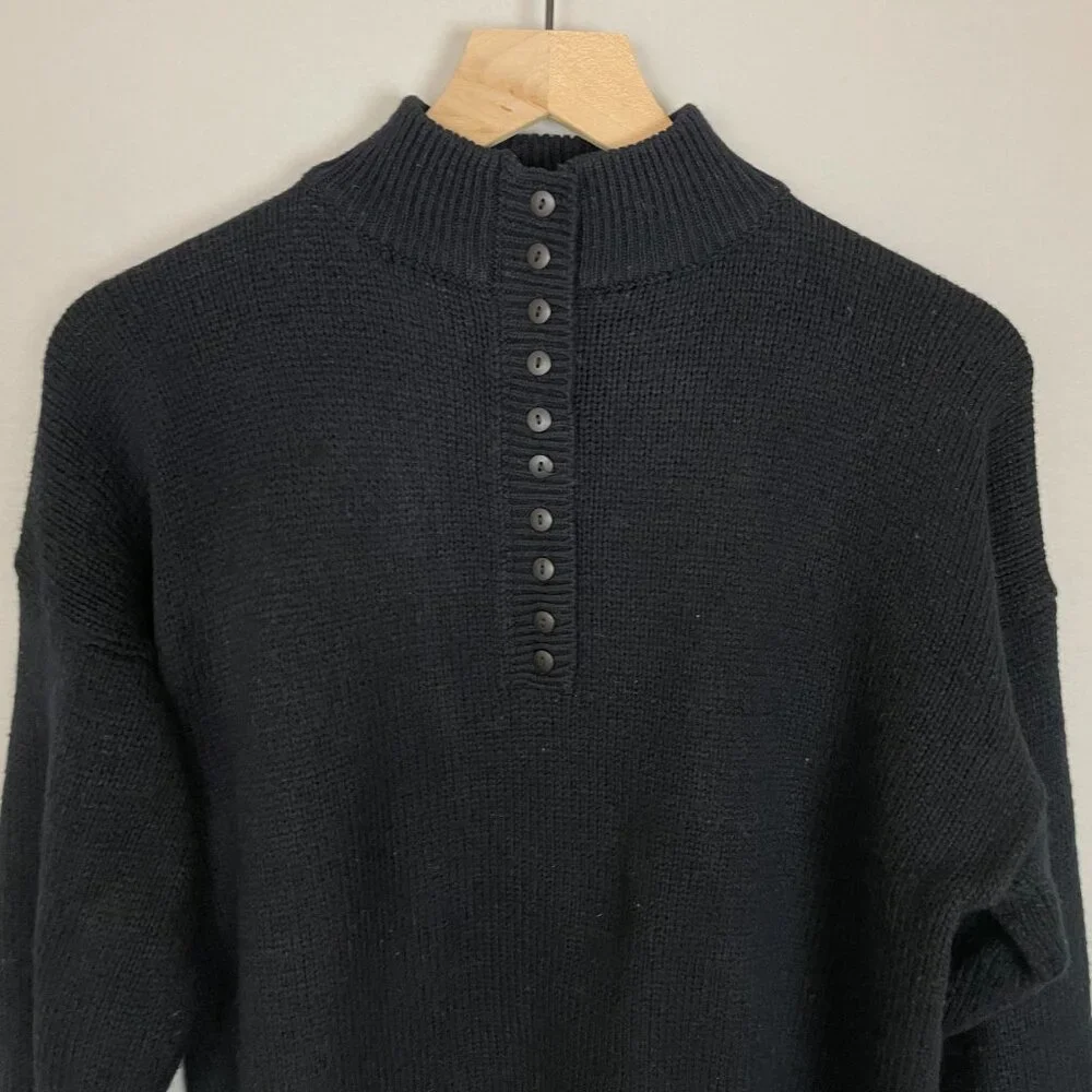 Vintage Sweater Black Buttoned Neckline Mock Neck Men Acrylic Retro Knit Classic